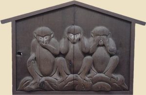 Wood Carving, 1646 AD Speak No Evil, Hear No Evil, See No Evil Iwazaru, Kikazaru, Mizaru = 言わざる、聞かざる、見ざる San-en = Three Monkeys = 三猿 Treasure of Hase Dera Temple in Kamakura, Japan