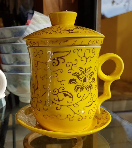 Caneca para Lama Peônia Amarela - Caneca Tibetana com infusor e pires