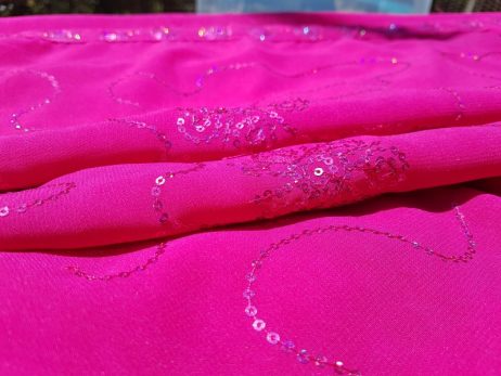Saree - Traje Indiano em Georgete Rosa Bordado com Lantejoulas