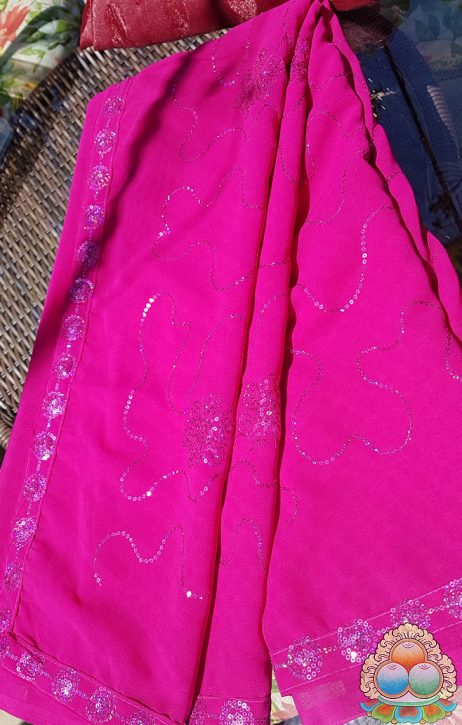 Saree - Traje Indiano em Georgete Rosa Bordado com Lantejoulas - Image 2