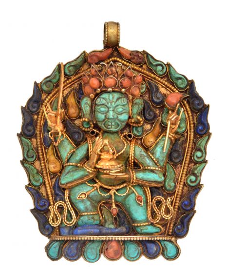 Pingente Filigranado Mahakala- em Prata, Ouro e Pedras Naturais - Ornamento Tibetano