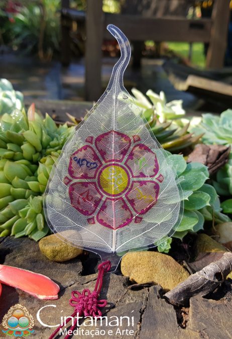 Folha Natural de Bodhi - Marcador de Páginas com Nó-Sem-Fim - Mantra da Compaixão