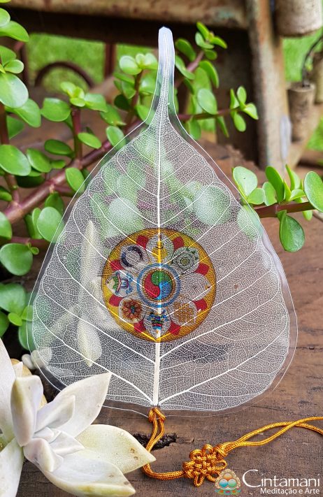 Folha Natural de Bodhi - Marcador de Páginas com Nó-Sem-Fim - Oito Símbolos Auspiciosos