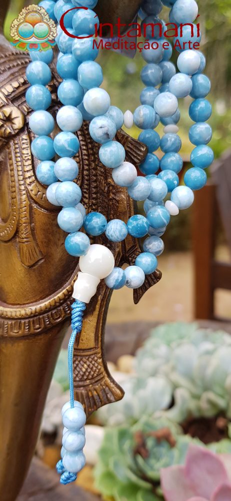Mala Budista em Larimar e Madrepérola - 108contas 6mm - Rosário Tibetano - Japamala