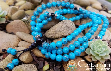 Mala Budista de 108contas 6mm em Turquesa e Ágata - Rosário Tibetano - Japamala