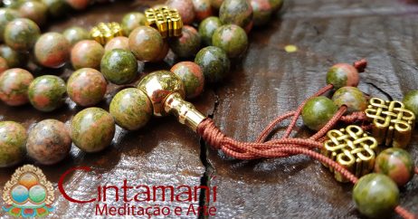 Mala Tibetano em Unakita e Bronze com 108contas 8mm - Rosário Tibetano - Japamala - Nó-Sem-Fim - Image 3