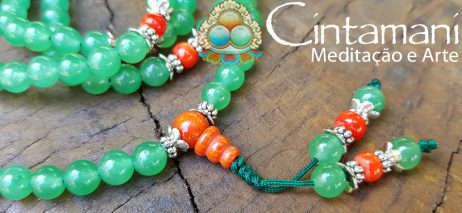 Mala Budista de 108contas em Quartzo Verde e Coral 6mm - Rosário Tibetano