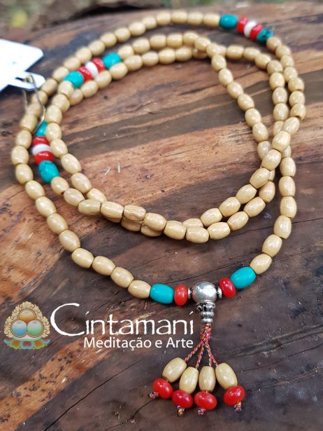 Mala Budista 108 contas em Madeira com Coral e Turquesa - Rosário Tibetano - 6x4mm - Image 3