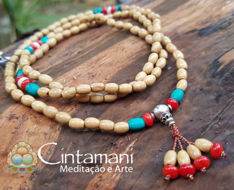 Mala Budista 108 contas em Madeira com Coral e Turquesa - Rosário Tibetano - 6x4mm