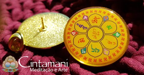 Pin Mantra da Compaixão - Broche - Mandala com OM MANI PADME HUNG - Amarelo