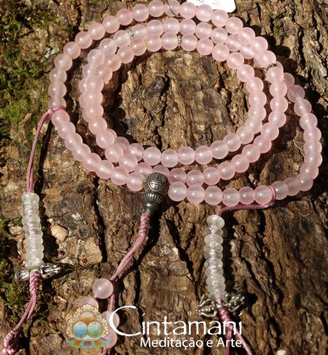 Mala Tibetano de 108contas 6mm em Calcedônia Rosa e Prata 925 - Rosário Budista - Japamala