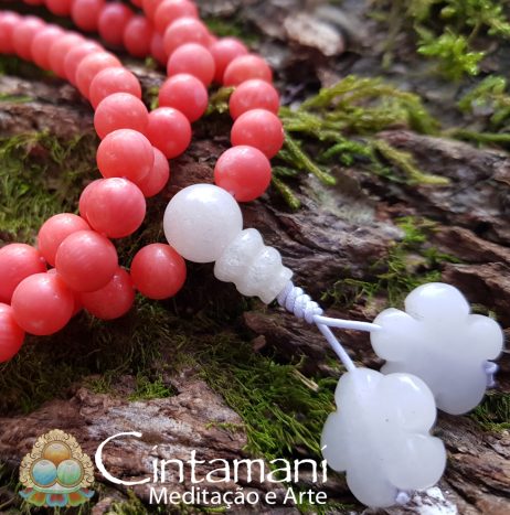 Coral Natural - Mala Tibetano de 108 contas com Guru Bead em Jade - Rosário Budista - Japamala