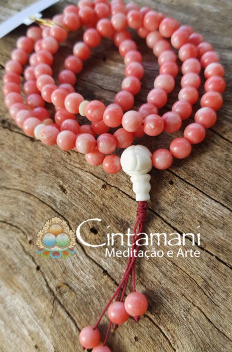 Coral Natural - Mala Tibetano de 108 contas com Guru Bead em Concha Tridacna 6mm - Rosário Budista Japamala