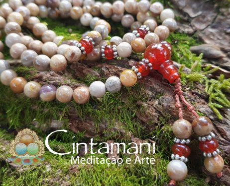 Mala Tibetano de 108contas em Jaspe Madeira com Cornalina - 6mm- Rosário Budista - Japamala