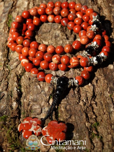 Mala Tibetano de 108contas em Jaspe Vermelho e Ágata - 6mm - Rosário Budista - Japamala