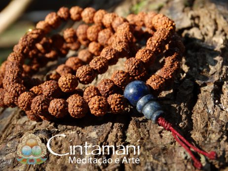 Mala Tibetano de 108contas de Rudraksha 5mm e Lápis Lazuli - Rosário Budista - Japamala