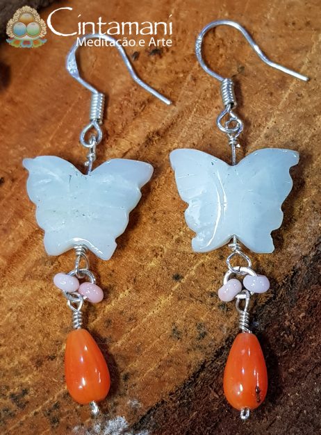 Brincos Borboleta com Jade e Coral Naturais, em Prata 925 - Ornamentos Étnicos Tibetanos - Image 2