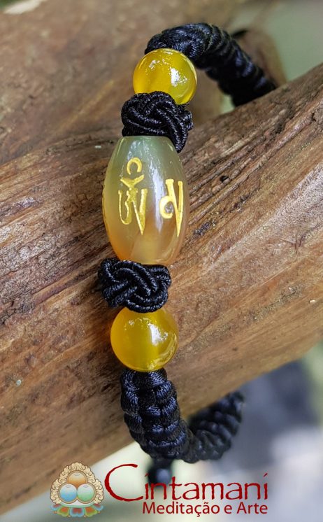 Pulseira da Amizade com Mantra da Compaixão em Ágata Natural - Macramê - Preta
