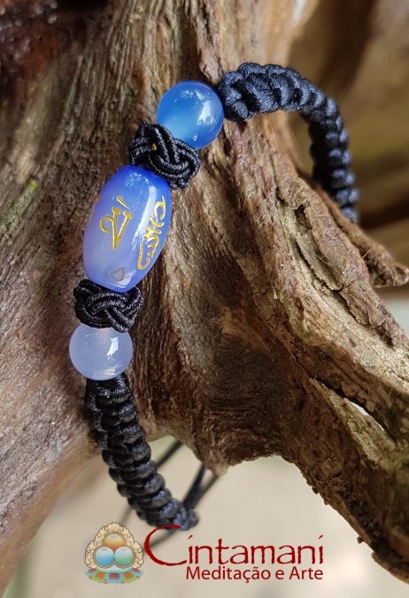 Pulseira da Amizade com Mantra da Compaixão em Ágata Natural - Macramê - Preta