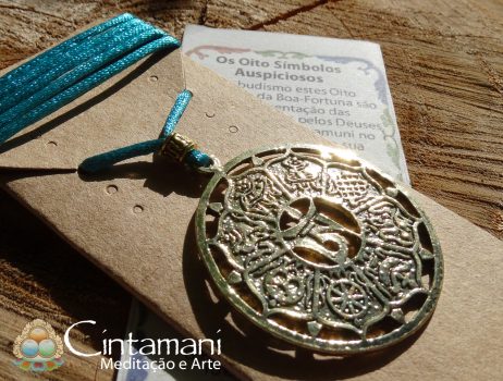 Mandala dos Oito Símbolos Auspiciosos com Sílaba OM - Dourada com Fio Azul