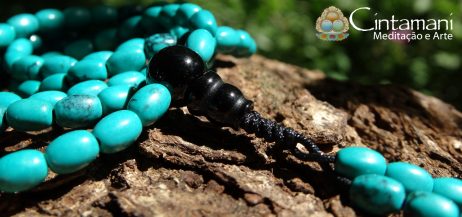 Mala Budista de 108contas 6x4mm em Turquesa e Ágata - Rosário Tibetano - Japamala