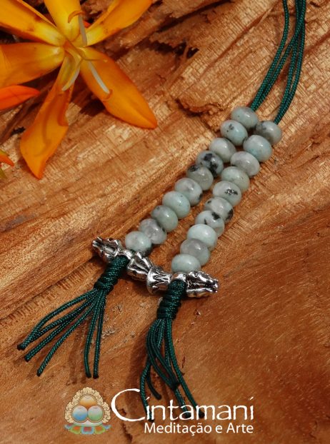 Contador de Mantras para Mala em Lotus Jasper - Com Sino, Dorje e Nó da Linhagem - Fio Verde