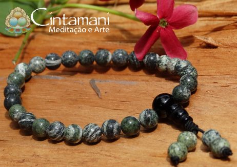 Mala Budista de Mão em Olho de Tigre Verde e Ágata - 27contas 6mm- Rosário Tibetano - Japamala