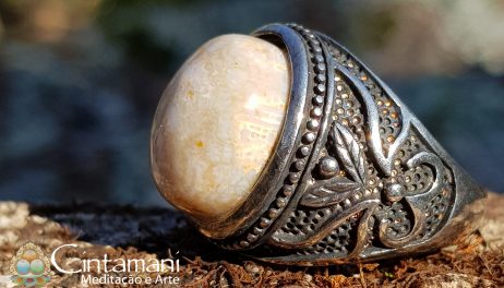 Anel Coral Fóssil - Pedra Natural - Cobre com Banho de Prata925