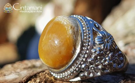Anel Coral Fóssil - Pedra Natural - Cobre com Banho de Prata925