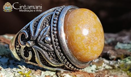 Anel Coral Fóssil - Pedra Natural - Cobre com Banho de Prata925