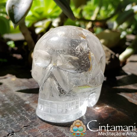 Crânio Esculpido em Cristal de Quartzo com Inclusões - Impermanência - Pedra Natural