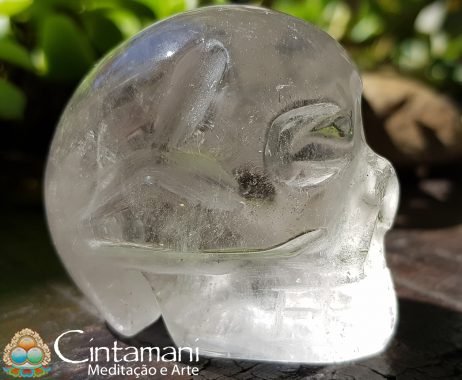 Crânio Esculpido em Cristal de Quartzo com Inclusões - Impermanência - Pedra Natural
